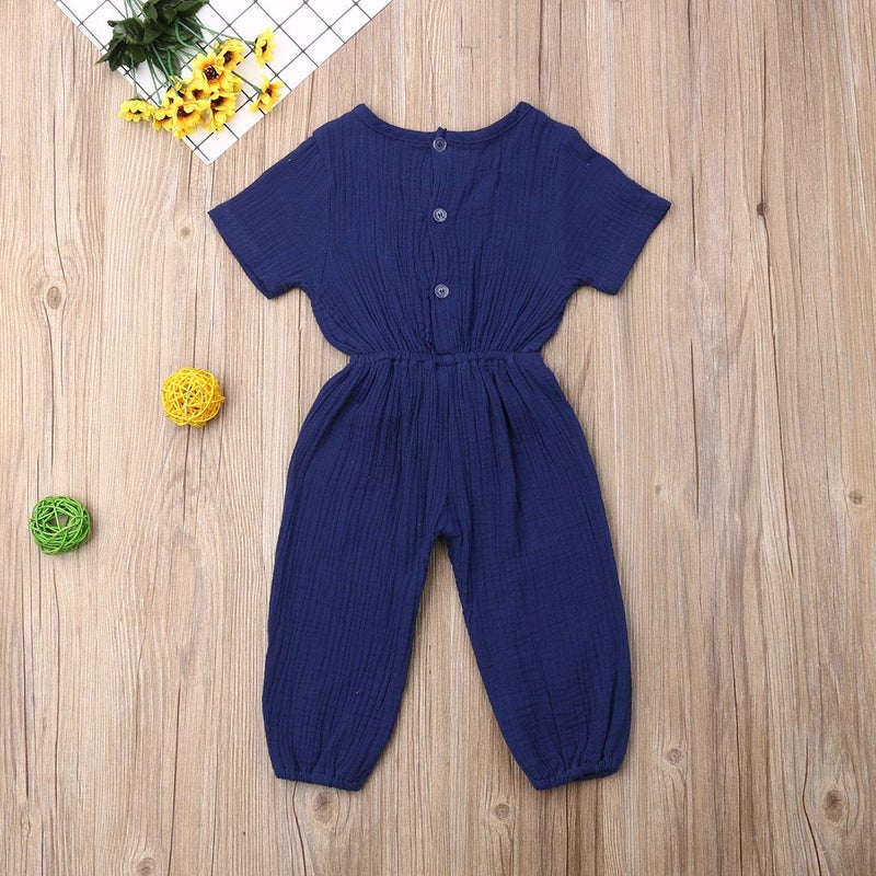 Mubineo Toddler Baby Girl Summer Fall Basic Plain Short Sleeve Cotton Linen Drawstring Romper Jumpsuit (Royal Blue, 2-3T) - Image 3
